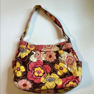 VERA BRADLEY Buttercup Reversible Floral Shoulder Bag Brown Pink Red Yellow Bag